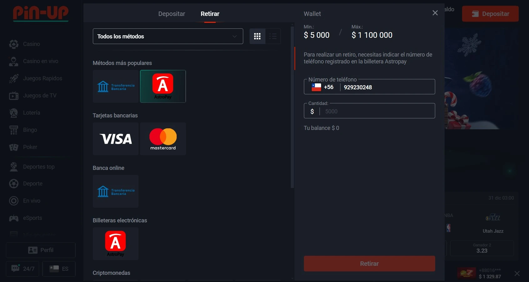 Pin-Up retiro de fondos